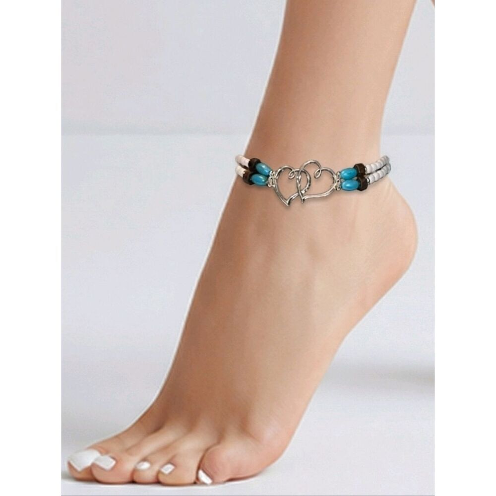 Anklet Hearts Charm White Rice Bead Stretchy Ankle Bracelet Women's Jewelry NEW